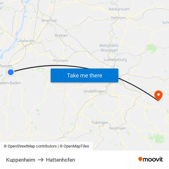 Kuppenheim to Hattenhofen map