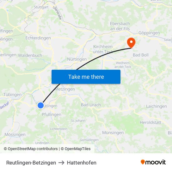 Reutlingen-Betzingen to Hattenhofen map