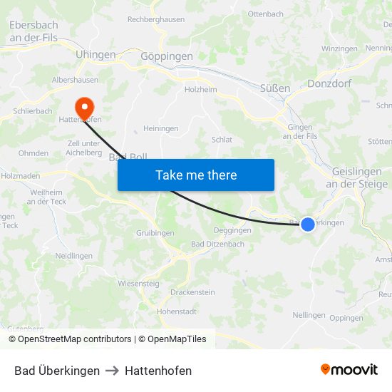 Bad Überkingen to Hattenhofen map