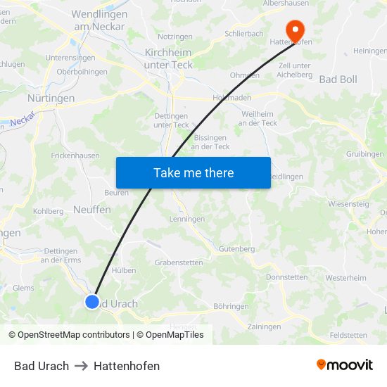 Bad Urach to Hattenhofen map