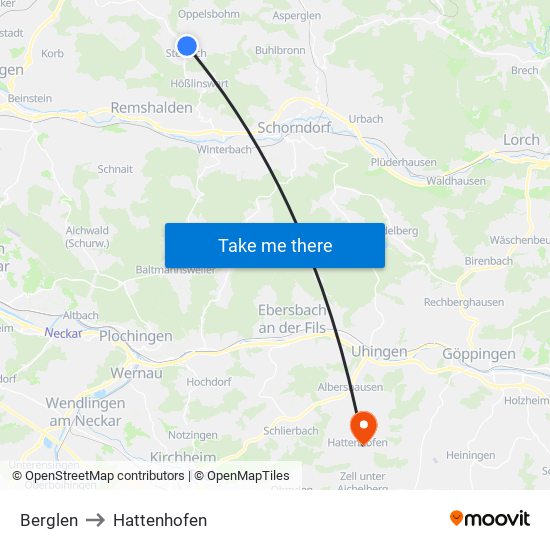 Berglen to Hattenhofen map