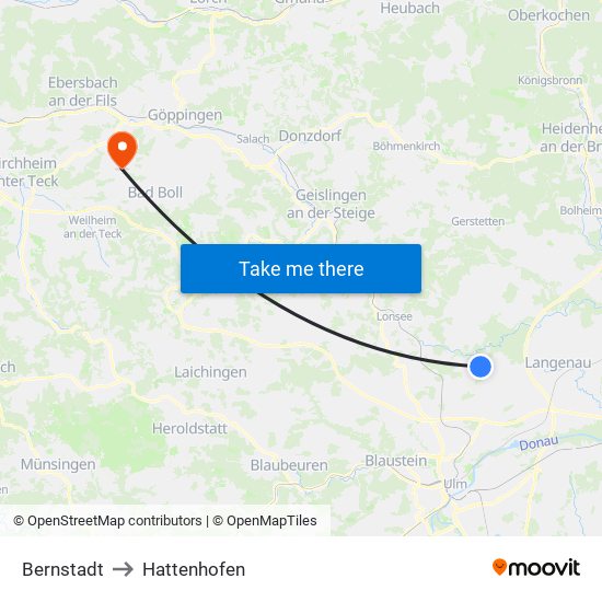 Bernstadt to Hattenhofen map