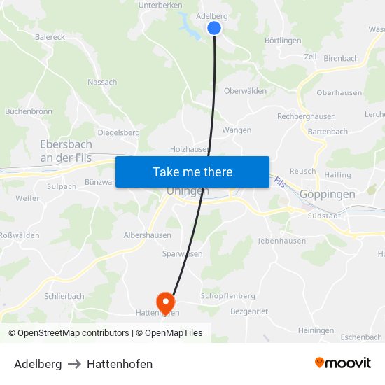 Adelberg to Hattenhofen map