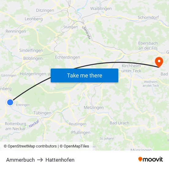 Ammerbuch to Hattenhofen map