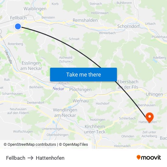 Fellbach to Hattenhofen map