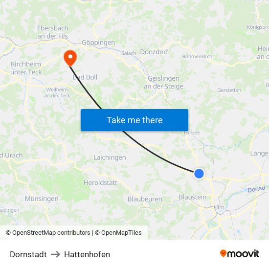 Dornstadt to Hattenhofen map