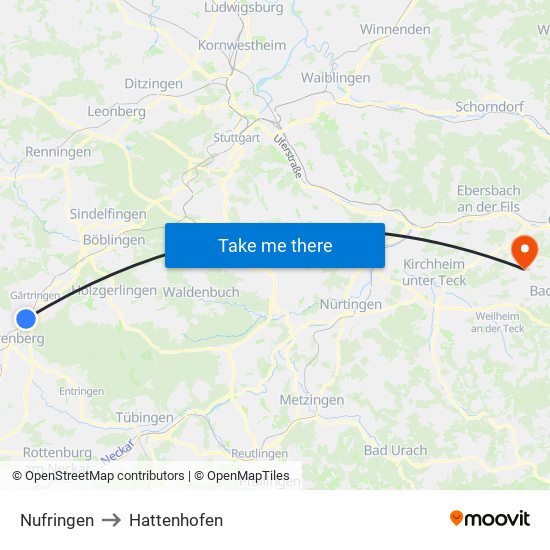 Nufringen to Hattenhofen map