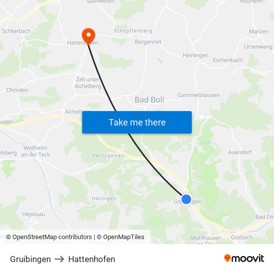 Gruibingen to Hattenhofen map