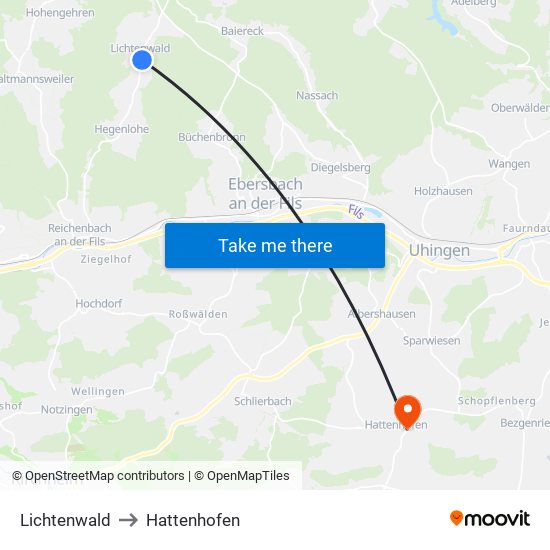 Lichtenwald to Hattenhofen map