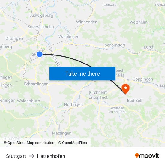 Stuttgart to Hattenhofen map