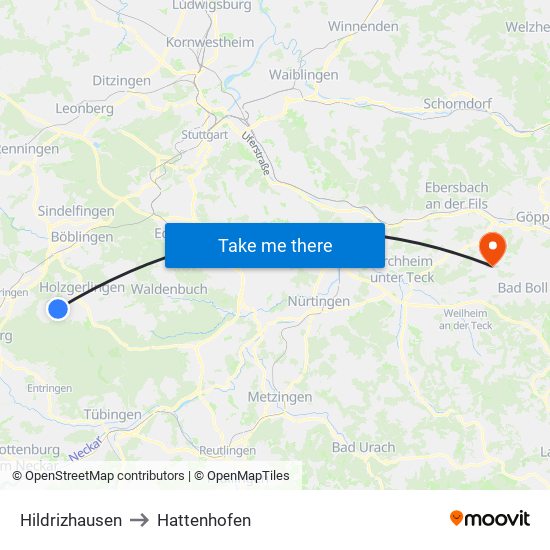 Hildrizhausen to Hattenhofen map