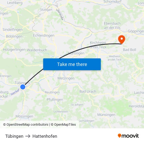 Tübingen to Hattenhofen map