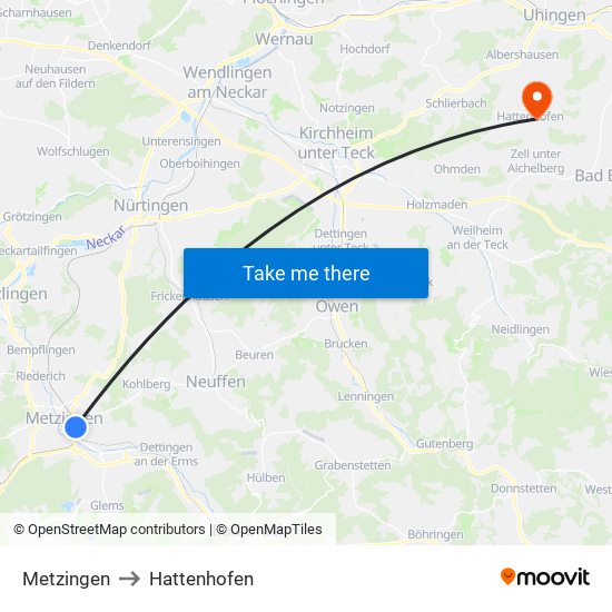 Metzingen to Hattenhofen map