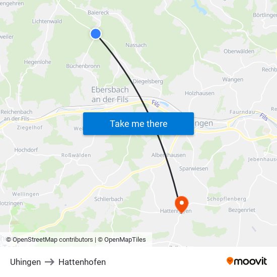 Uhingen to Hattenhofen map