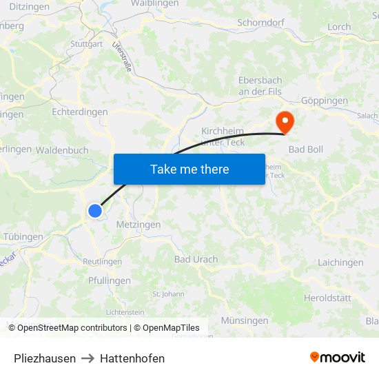 Pliezhausen to Hattenhofen map