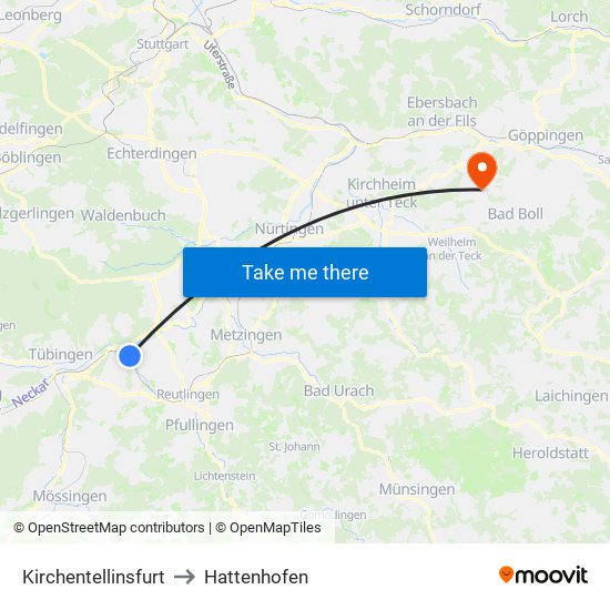 Kirchentellinsfurt to Hattenhofen map