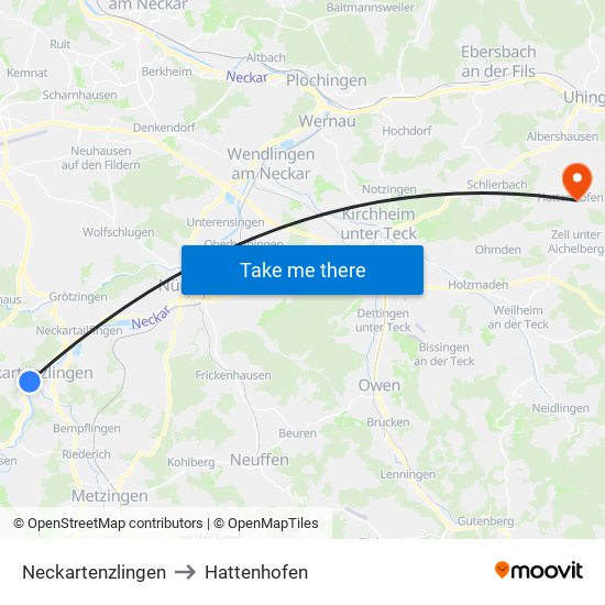 Neckartenzlingen to Hattenhofen map