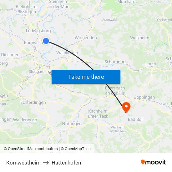 Kornwestheim to Hattenhofen map