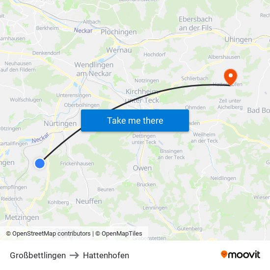 Großbettlingen to Hattenhofen map