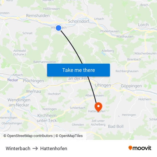 Winterbach to Hattenhofen map