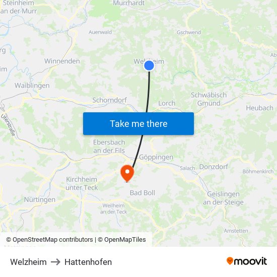 Welzheim to Hattenhofen map