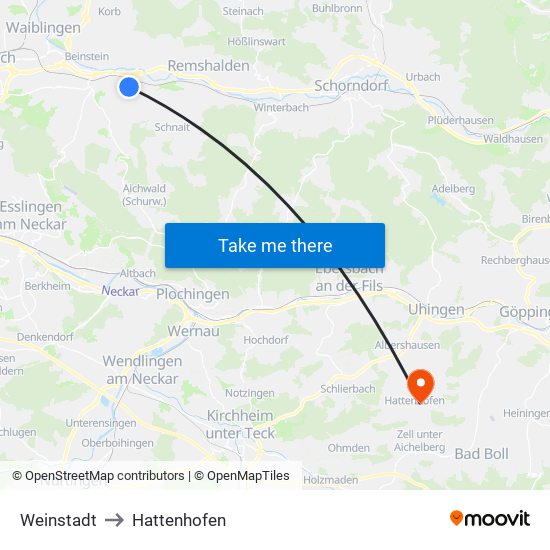 Weinstadt to Hattenhofen map