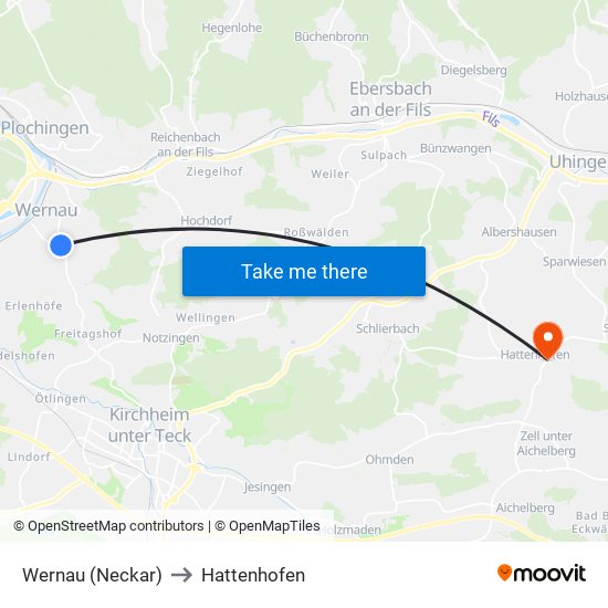 Wernau (Neckar) to Hattenhofen map
