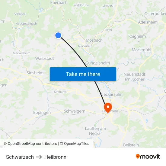 Schwarzach to Heilbronn map