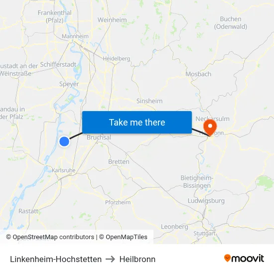 Linkenheim-Hochstetten to Heilbronn map