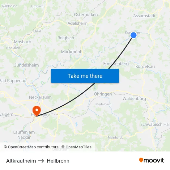 Altkrautheim to Heilbronn map
