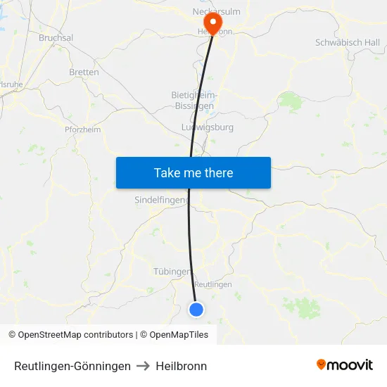 Reutlingen-Gönningen to Heilbronn map