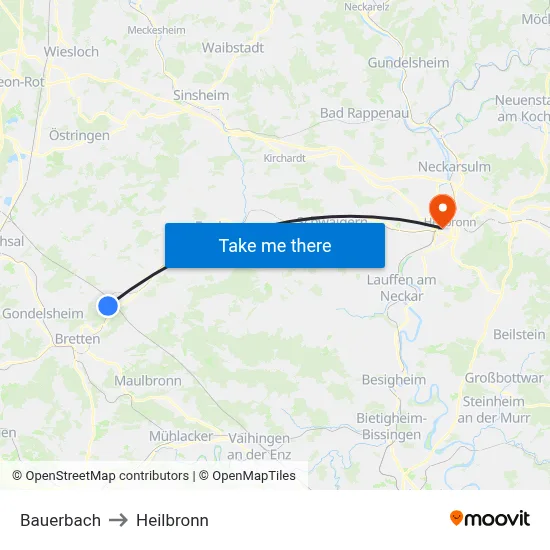 Bauerbach to Heilbronn map