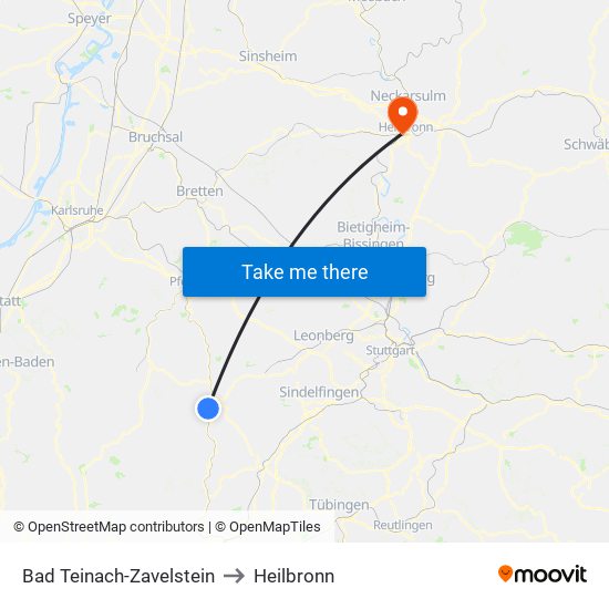 Bad Teinach-Zavelstein to Heilbronn map