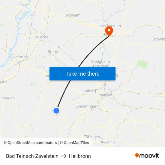 Bad Teinach-Zavelstein to Heilbronn map