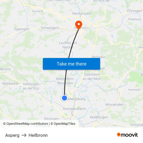 Asperg to Heilbronn map