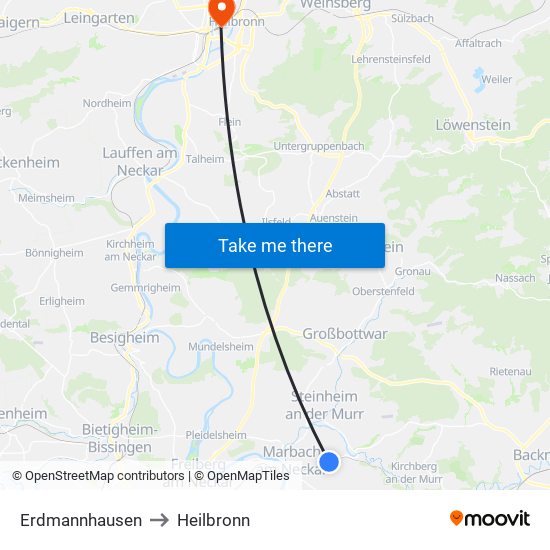 Erdmannhausen to Heilbronn map