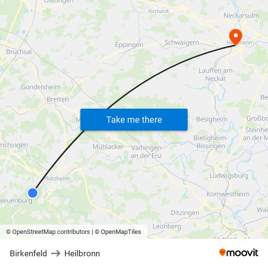 Birkenfeld to Heilbronn map