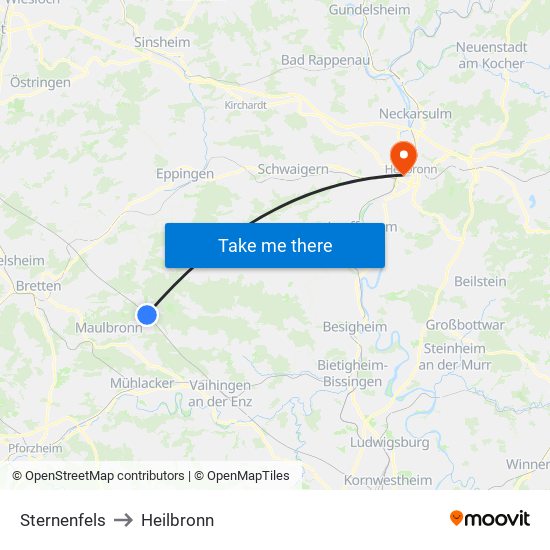 Sternenfels to Heilbronn map
