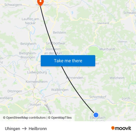 Uhingen to Heilbronn map