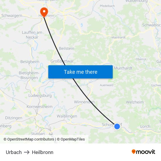 Urbach to Heilbronn map