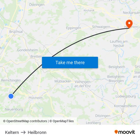 Keltern to Heilbronn map