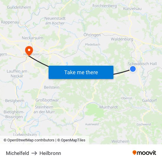 Michelfeld to Heilbronn map