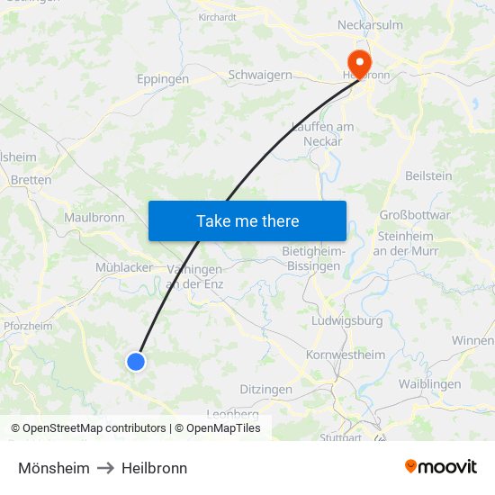 Mönsheim to Heilbronn map