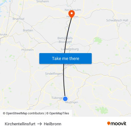 Kirchentellinsfurt to Heilbronn map