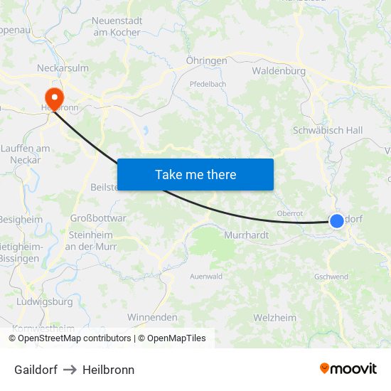 Gaildorf to Heilbronn map