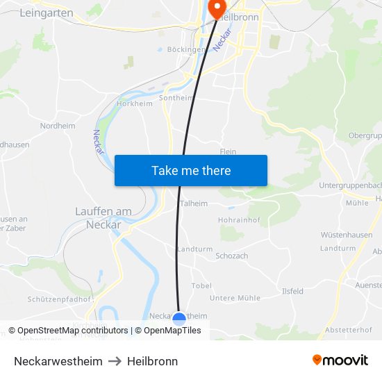 Neckarwestheim to Heilbronn map