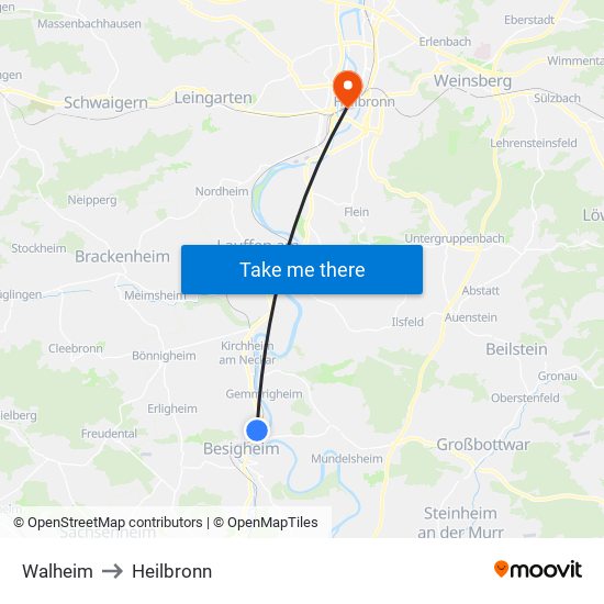 Walheim to Heilbronn map