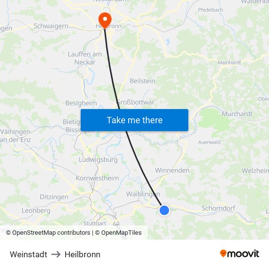 Weinstadt to Heilbronn map