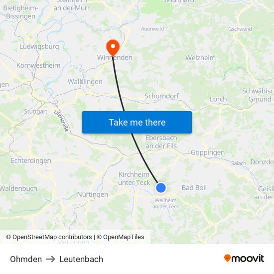 Ohmden to Leutenbach map