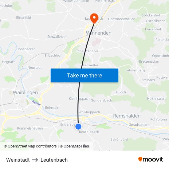 Weinstadt to Leutenbach map